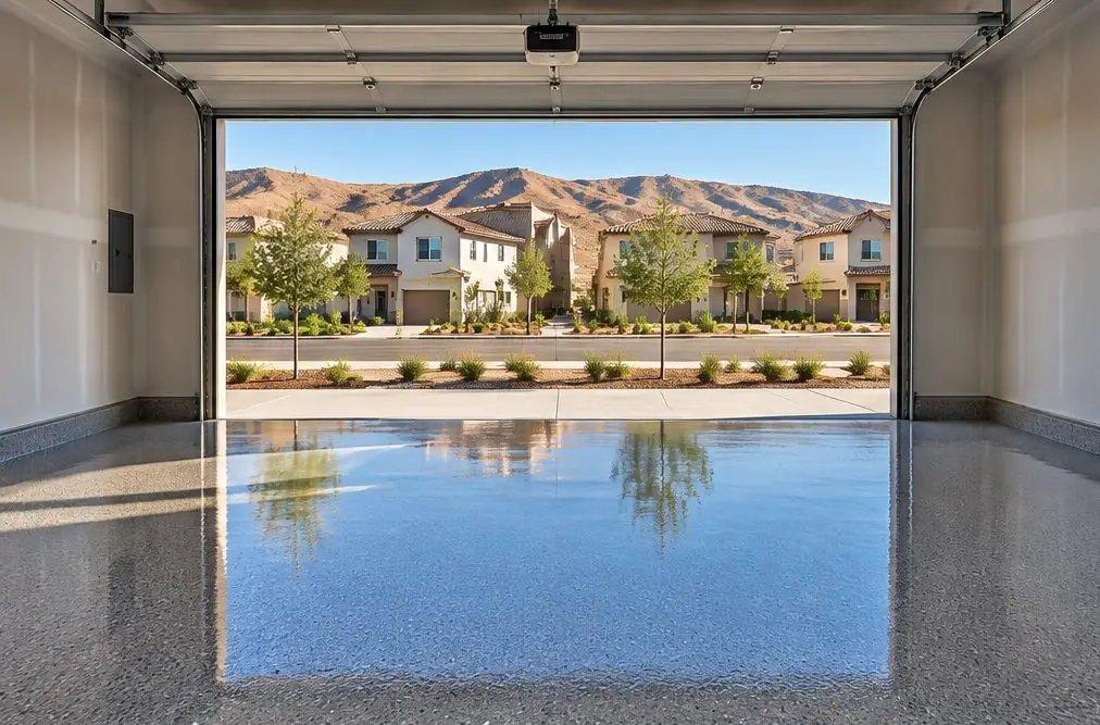Illustration: a coated floor seen from inside, with Audie Murphy Ranch beyond the open door