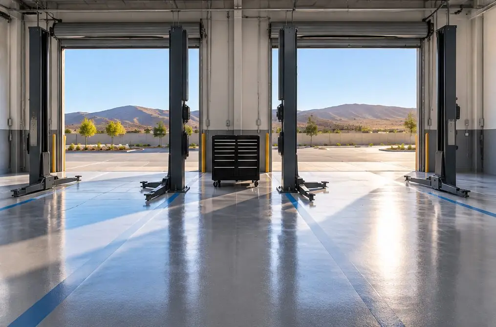 Illustration: a three-bay mechanic's garage in Menifee, one bay with a fresh gray floor and painted bay outline, a car on a two-post lift in the next, rolling tool cabinets and roll-up doors open to the parking apron
