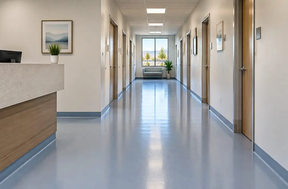 Illustration: a quiet private clinic corridor in a Menifee office suite with a smooth pale seamless floor, a reception counter and exam room doors