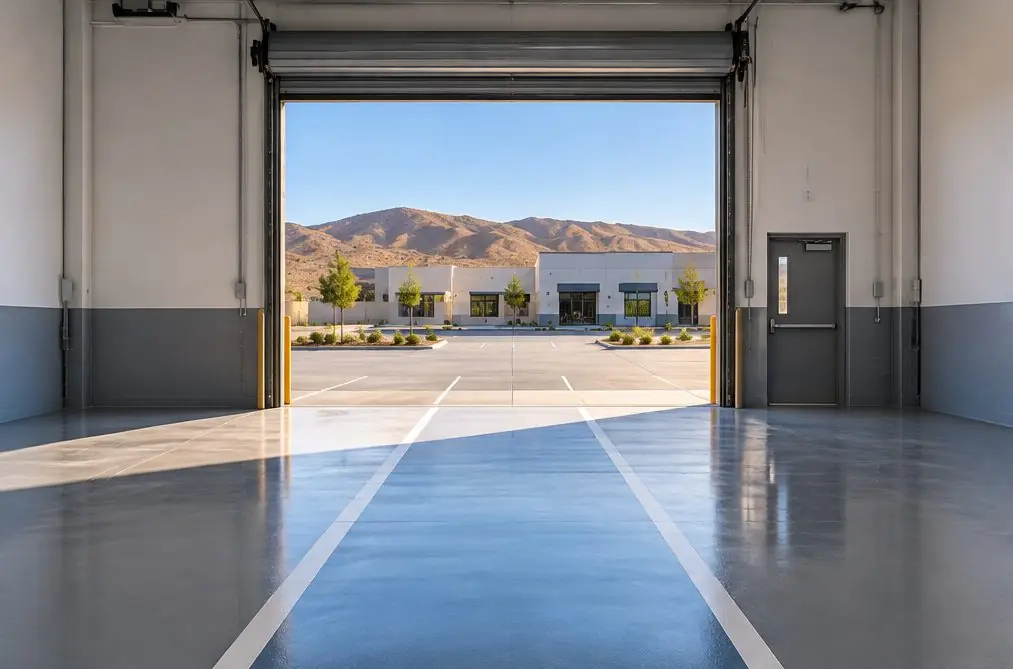 Illustration: a bright single-story commercial unit in Menifee with a smooth gray resinous floor, a painted walkway lane and a roll-up door open to a parking apron under a clear sky