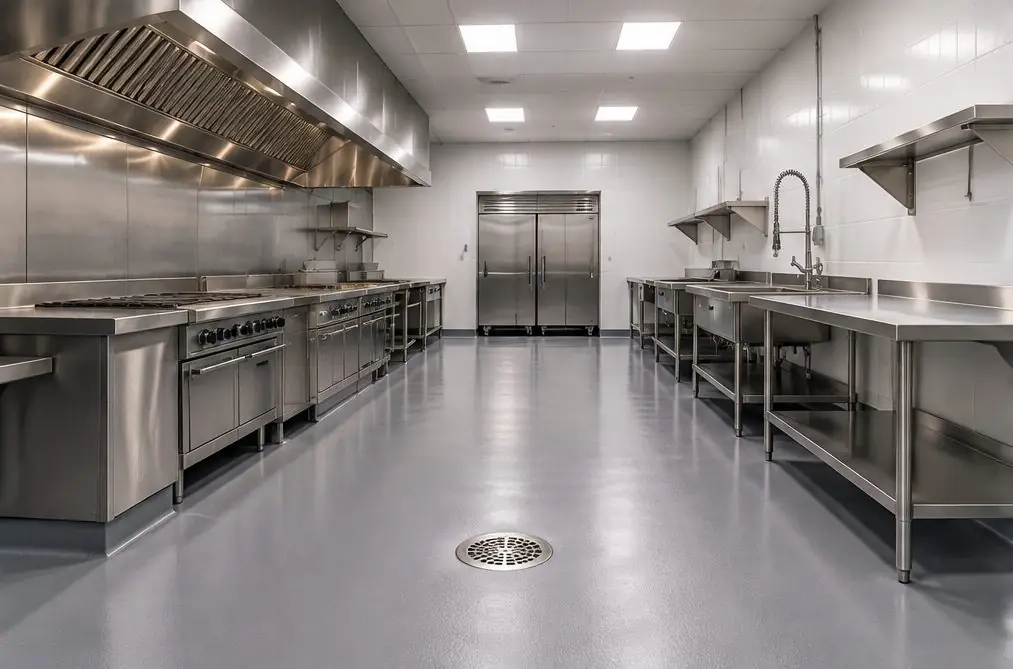 Illustration: a restaurant kitchen in a Menifee Town Center strip unit, one seamless light-gray floor rising into a rounded wall base, a trench drain along the dish station, steel prep tables and a hood over the range
