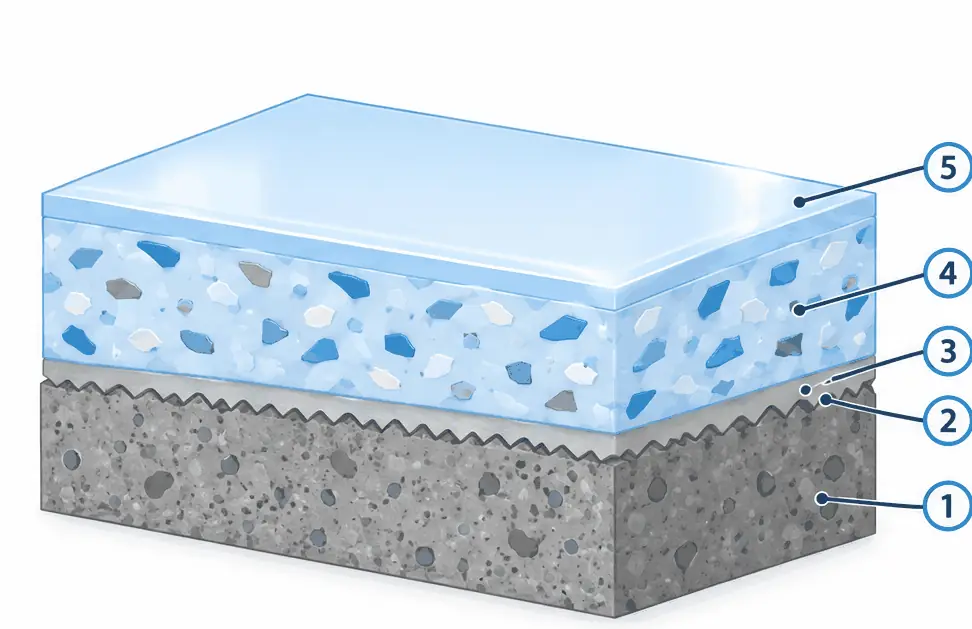 Diagram: cross-section of a flake epoxy garage floor, ground slab, primer, epoxy base coat with broadcast flakes and a clear top coat