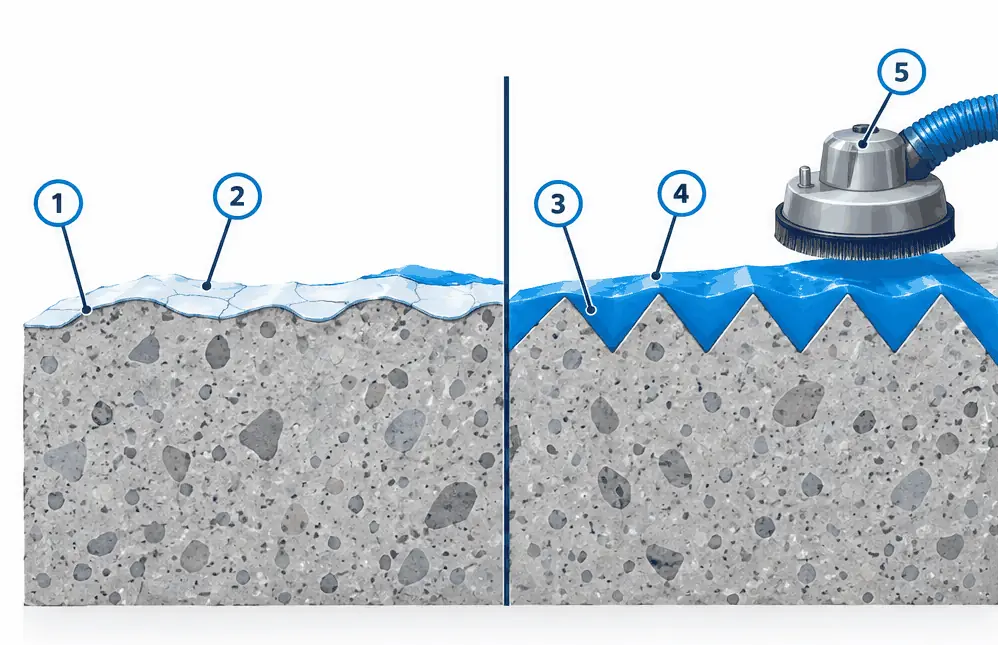 Diagram: two magnified cross-sections of concrete, a shallow wavy etched surface with a thin loose film on the left and an even sharp ground profile filled by a coating on the right