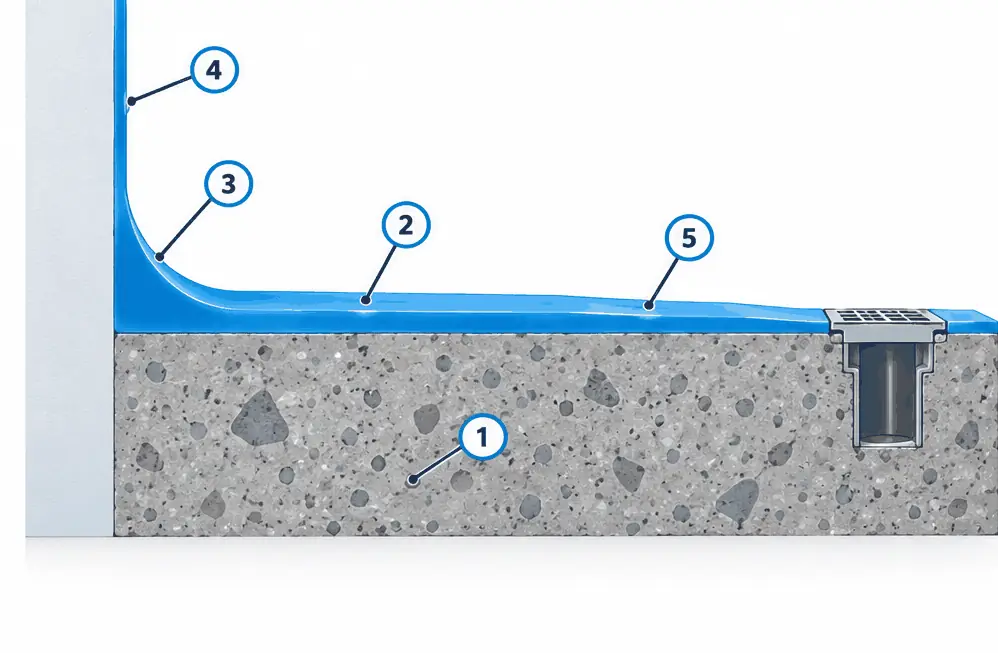 Diagram: cross-section of a kitchen floor coating on a slab that curves smoothly up a wall as a cove, with a gently sloped area toward a floor drain on the right