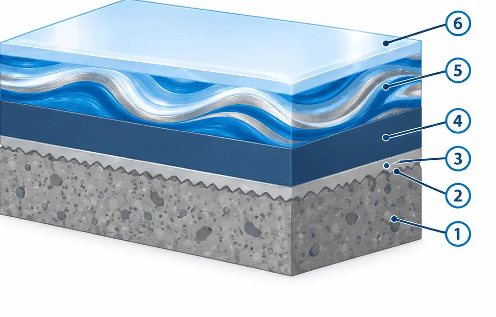 Diagram: cross-section of a metallic epoxy floor, ground slab, primer, solid base color, metallic pigment layer and a clear top coat