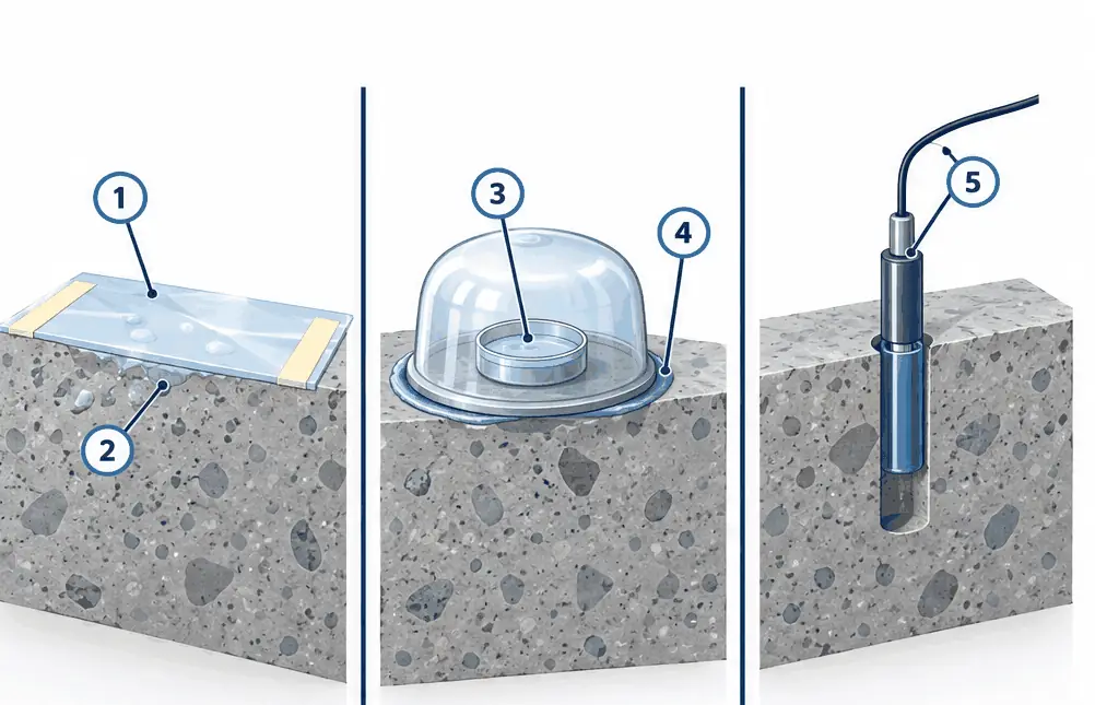 Diagram: three cross-sections of a concrete slab, a taped plastic sheet with droplets, a calcium chloride dish under a sealed dome and an in-slab humidity probe in a sleeve
