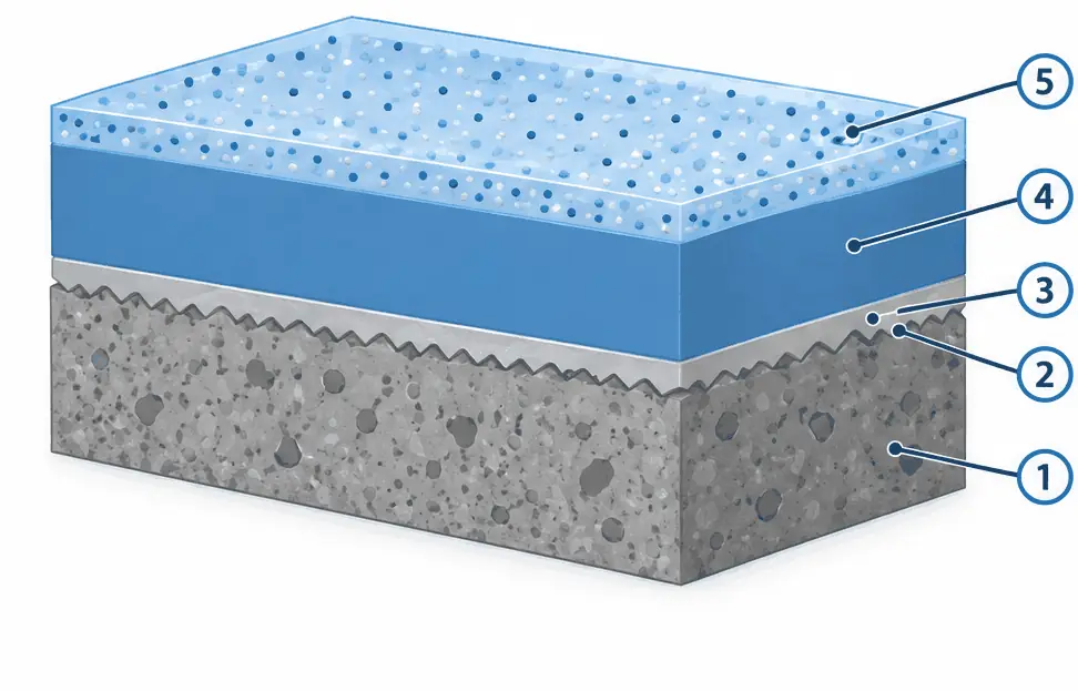 Diagram: cross-section of a solid-color epoxy floor, ground slab, primer, pigmented epoxy coat and optional grit in the top coat