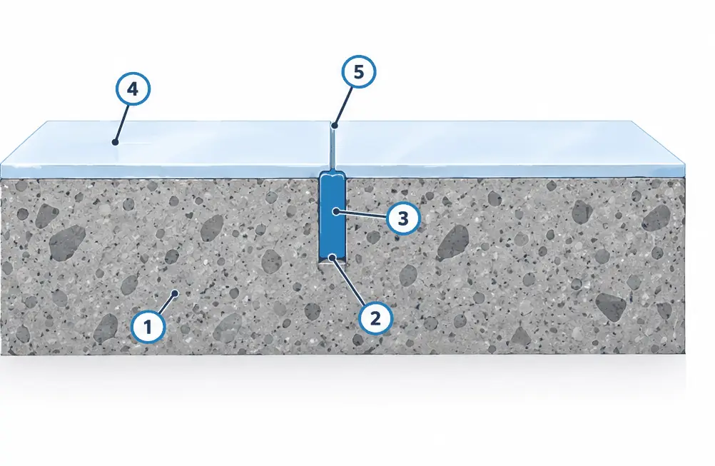 Diagram: cross-section of a warehouse slab with a filled saw-cut joint flush with the surface and a coating on both sides with a thin cut through it directly above the joint