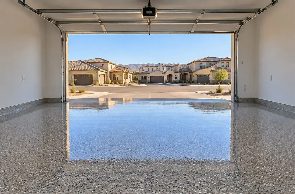 Illustration: a bright two-car Menifee tract-home garage with a speckled gray, tan and black flake epoxy floor, the door open to a quiet cul-de-sac and no car inside
