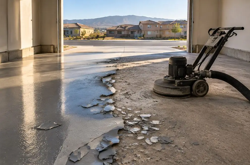 Illustration: a two-car garage in an older Sun City home with a gray coating peeling at the door edge, a ground patch of bare concrete, a diamond grinder with a vacuum hose beside it and a low stem wall along the back