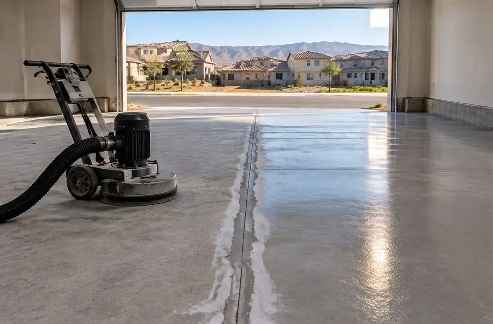 Illustration: a concrete garage slab being ground with a diamond grinder on a dust vacuum, a crack filled with gray repair material beside a clean ground area, the door open