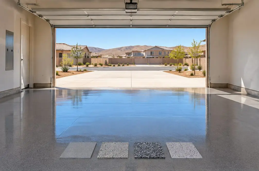 Illustration: a bare ground-concrete garage slab in a new tract home with four small coating sample squares set out on it