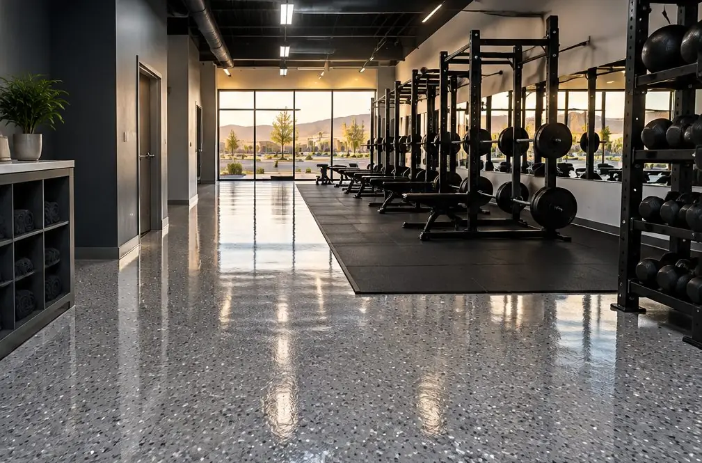 Illustration: a Menifee fitness studio in a strip center with a flake epoxy floor at the entry, rubber mats along a wall of weights and a front window with daylight