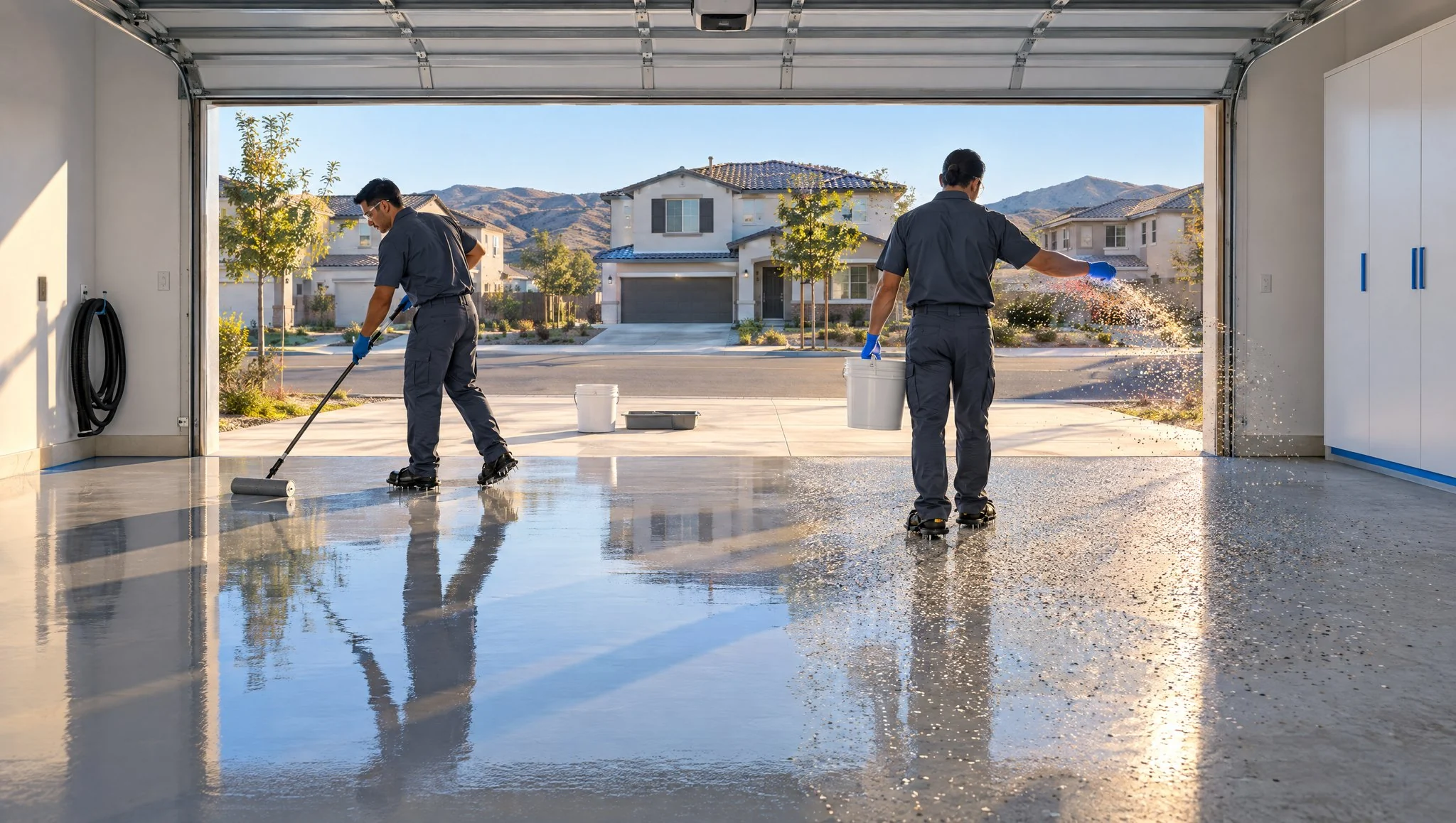 Illustration: two coating installers in matching uniforms and clean spiked shoes in a bright two-car Menifee garage with the door open to daylight, one rolling a base coat while the other broadcasts color flakes by hand; no car in the garage (AI-generated)