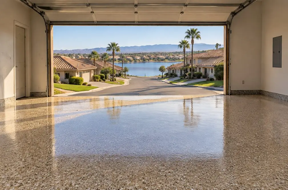Illustration: a coated floor seen from inside, with Menifee Lakes beyond the open door