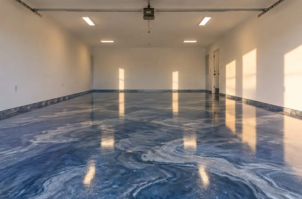 Illustration: a tidy two-car garage in a Quail Valley home with a swirled silver-blue metallic epoxy floor reflecting the open door, a project car under a cover on one side and a workbench at the back
