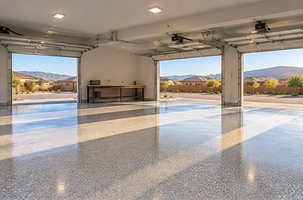 Illustration: a bright three-car garage in a newer Menifee tract home with a glossy tan and brown flake floor, a coated entry step at the house door, matching storage cabinets and the garage door open to afternoon sun