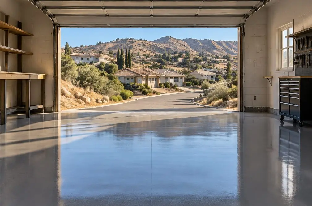 Illustration: a coated floor seen from inside, with Quail Valley beyond the open door
