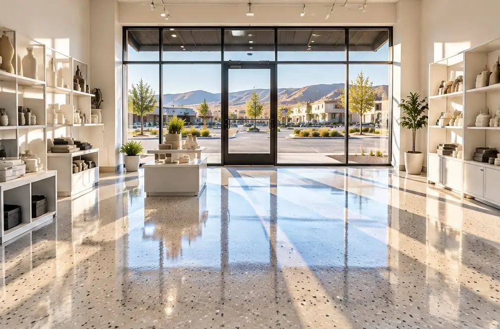 Illustration: a bright retail suite in a Menifee strip center with a speckled flake epoxy floor, a display shelf and a storefront window with parking lot daylight