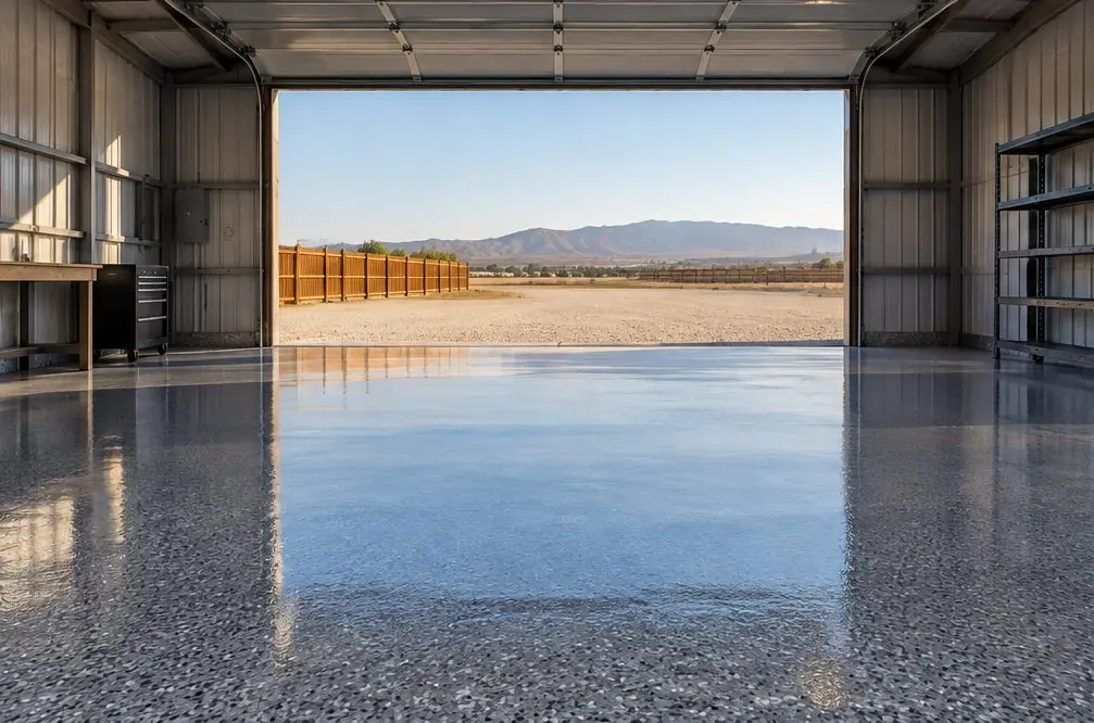 Illustration: a coated floor seen from inside, with Romoland beyond the open door