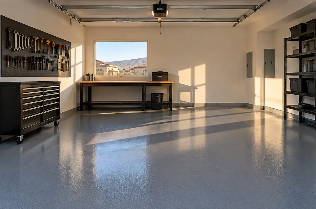 Illustration: a tidy Menifee workshop garage with a smooth medium-gray solid-color epoxy floor, a steel tool chest, a pegboard wall and a workbench under a side window