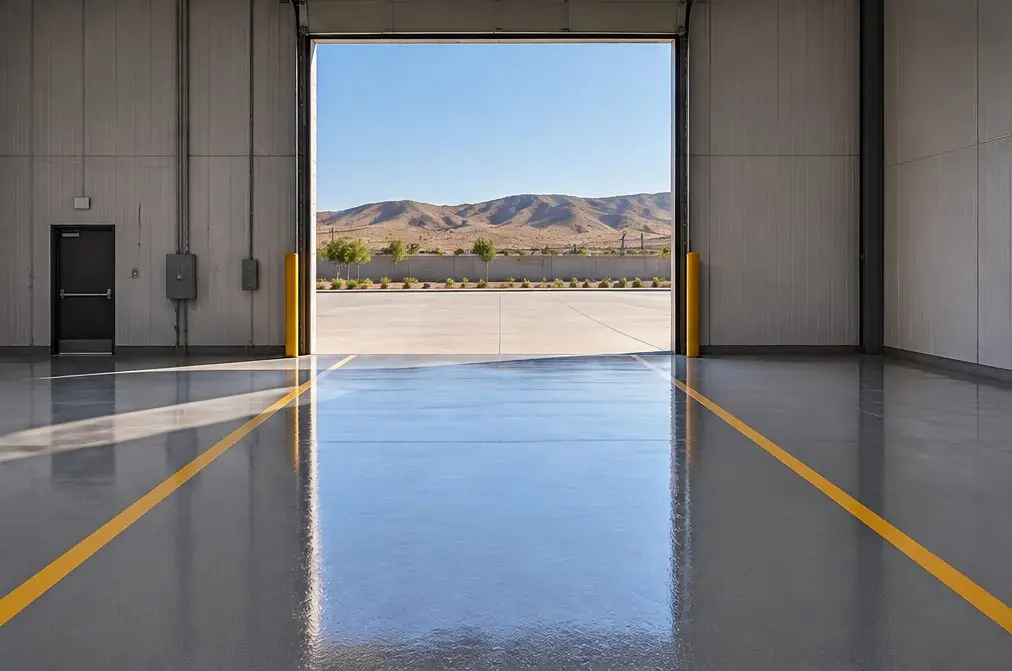 Illustration: a coated floor seen from inside, with Southern Gateway beyond the open door