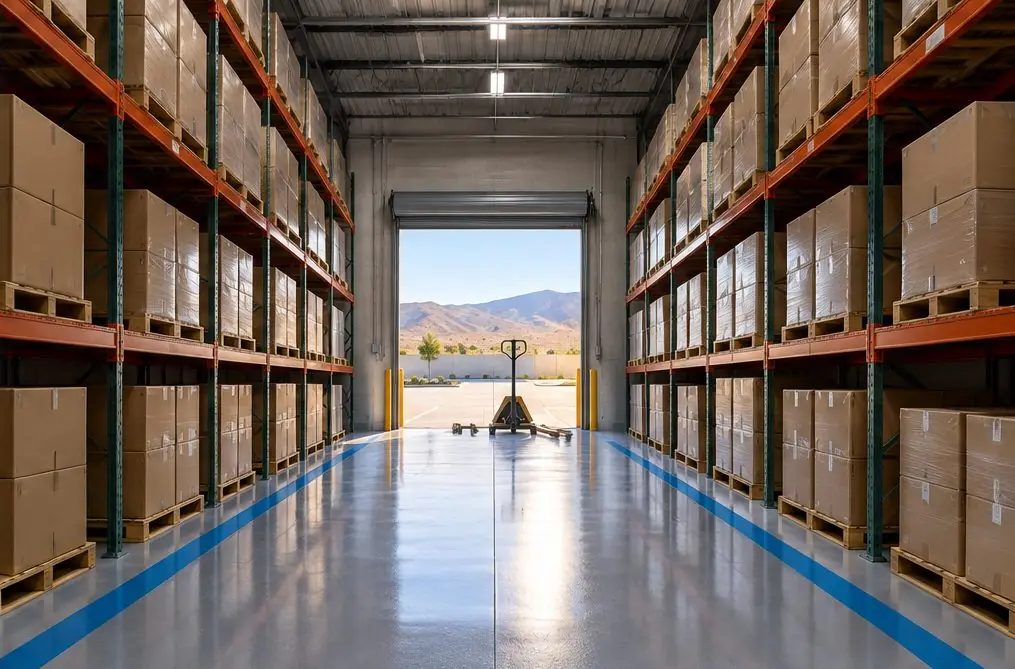 Illustration: a light-industrial warehouse unit in Menifee with a smooth gray resinous floor, painted aisle lines, tall pallet racking on both sides and a pallet jack parked by a dock-high roll-up door